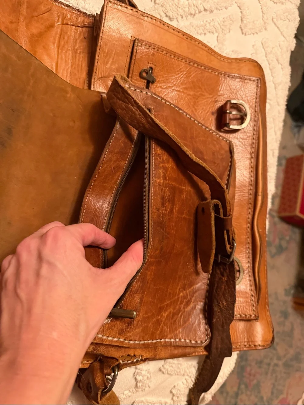 Men's Vintage Leather Messenger Bag with Adjustable Strap & small inner satchel